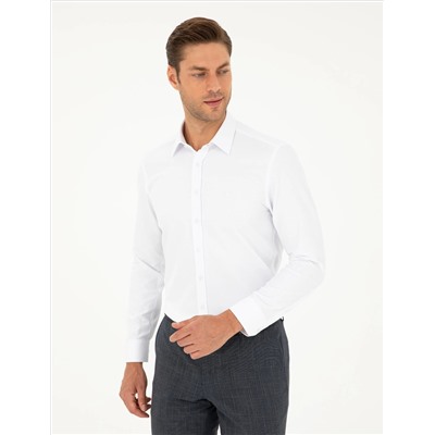 Beyaz Slim Fit Armürlü Uzun Kollu Gömlek