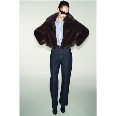 SHORT FAUX FUR COAT WITH LAPEL COLLAR
