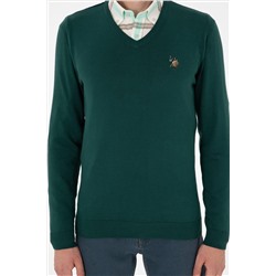 Erkek Slim Fit V Yaka Yeşil Basic Kazak
