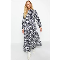 TRENDYOL MODEST Lacivert Desenli Yarım Pat Geniş Kalıp Pamuklu Dokuma Elbise TCTSS23EB00222