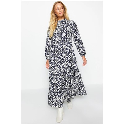 TRENDYOL MODEST Lacivert Desenli Yarım Pat Geniş Kalıp Pamuklu Dokuma Elbise TCTSS23EB00222