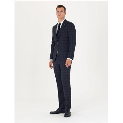 Lacivert Ekose Ekstra Slim Fit Yün Karışımlı Takım Elbise
