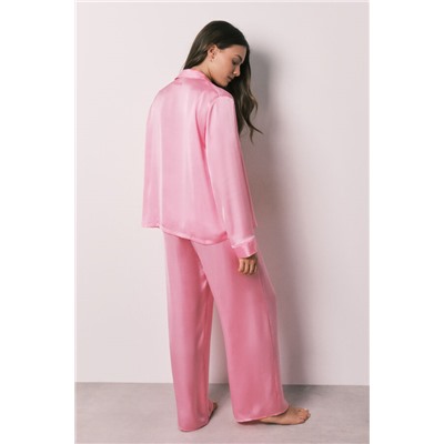 Pijama camisero largo satén rosa