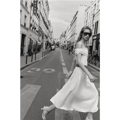 OFF-THE-SHOULDER CONTRAST MIDI DRESS WITH BELT