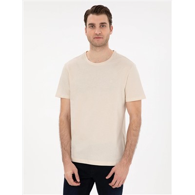 Bej %100 Pamuk Slim Fit Bisiklet Yaka Basic Tişört