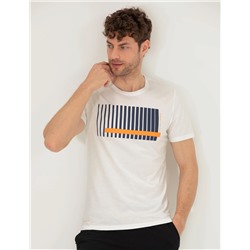 Turuncu Slim Fit Baskılı Bisiklet Yaka Tişört