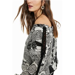 Blusa blanca y negra encaje mangas