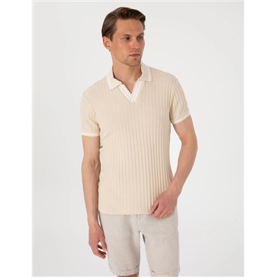 Bej Slim Fit Örme Dokulu Polo Yaka Tişört