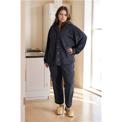 Теплая махровая пижама с брюками однотонная 48-56