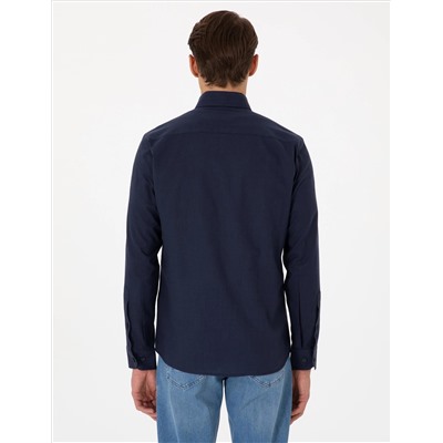 Koyu Lacivert Keten Görünümlü Slim Fit Uzun Kollu Gömlek