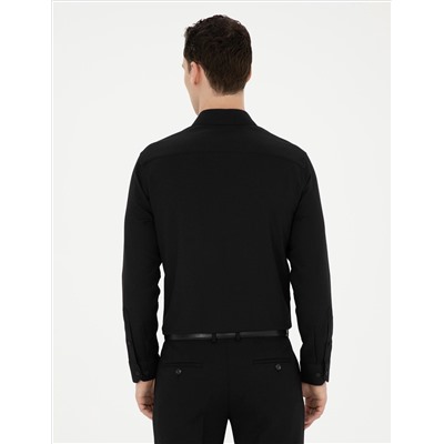 Siyah Slim Fit Armürlü Uzun Kollu Gömlek