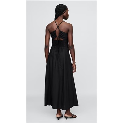 Linen-Blend Shirred Bodice Maxi Dress