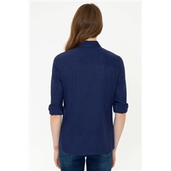 Kadın Lacivert Keten Görünümlü Uzun Kollu Basic Gömlek