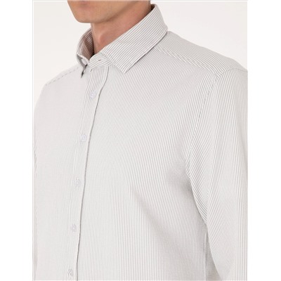 Gri Slim Fit Çizgili Uzun Kollu Gömlek