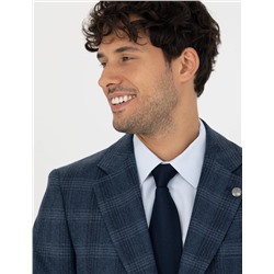 %100 Yün Ekose Lacivert Ekstra Slim Fit Takım Elbise