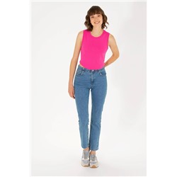 Kadın Fuşya Bisiklet Yaka Crop Basic Tişört