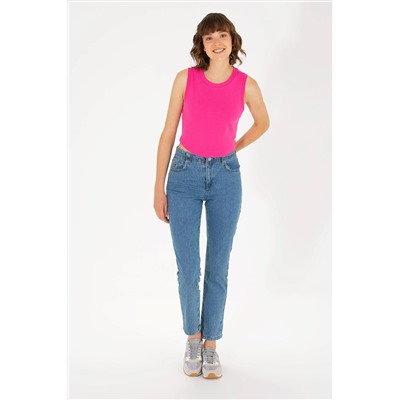 Kadın Fuşya Bisiklet Yaka Crop Basic Tişört