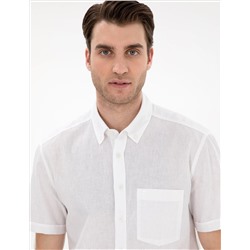 Beyaz Keten Karışımlı Regular Fit Kısa Kollu Gömlek
