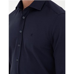 Lacivert Slim Fit Armürlü Uzun Kollu Gömlek