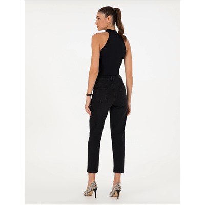 Siyah Mom Fit Geniş Kalıp Jean Pantolon