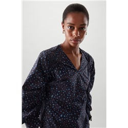 DRAWSTRING SLEEVE V-NECK TOP