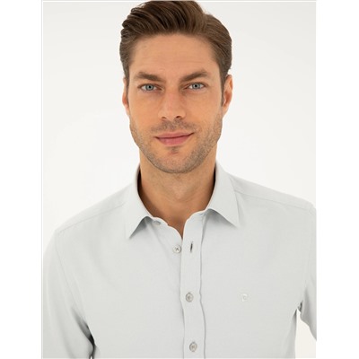 Gri Slim Fit Armürlü Uzun Kollu Gömlek