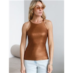 Топ с закрытым декольте из хлопка с эластаном в рубчик с матовым покрытием металлик