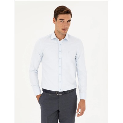 Açık Mavi Slim Fit Armürlü Uzun Kollu Gömlek