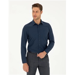 Lacivert Slim Fit Armürlü Uzun Kollu Gömlek