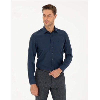Lacivert Slim Fit Armürlü Uzun Kollu Gömlek