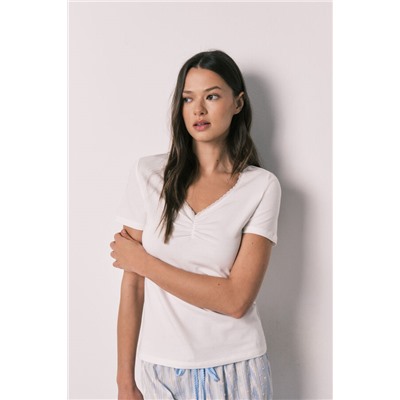 Pijama largo algodón manga corta marfil