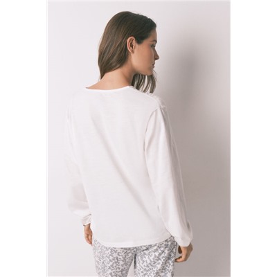 Camiseta manga larga algodón frunce blanco