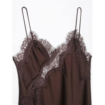 Ассиметричное атласное мини-платье с кружевом (4 цвета)