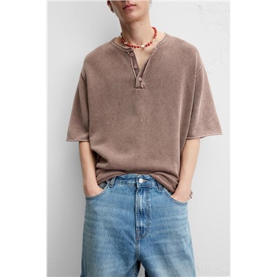 WASHED KNIT BUTTON-UP T-SHIRT