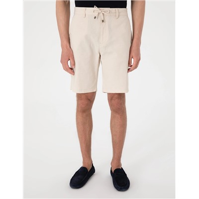 Bej Slim Fit Keten Karışımlı Beli Bağcıklı Dokuma Şort