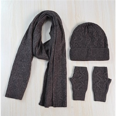 Комплект из трех предметов. Зимний теплый вязаный шарф, шапка и перчатки без пальцев