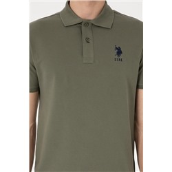 Erkek Slim Fit Polo Yaka Koyu Haki Basic Tişört