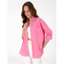 Açık Pembe Oversize Keten Karışımlı Uzun Kollu Gömlek