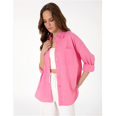 Açık Pembe Oversize Keten Karışımlı Uzun Kollu Gömlek