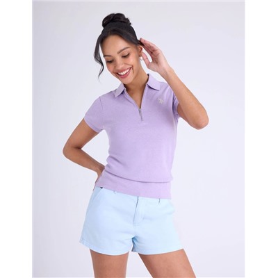 HALF ZIP PUFF SLEEVE HEATHER POLO SHIRT