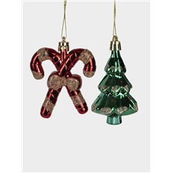 Набор елочных игрушек, 7 см, 2 шт, пластик, зеленый/красный, Елка и трость, New year