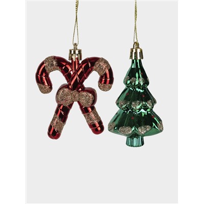 Набор елочных игрушек, 7 см, 2 шт, пластик, зеленый/красный, Елка и трость, New year