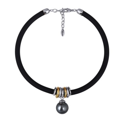 Колье Гевея (Майорка 18мм темно-серая, каучук черный; покрытие родий) 40-45см, Есть комплект