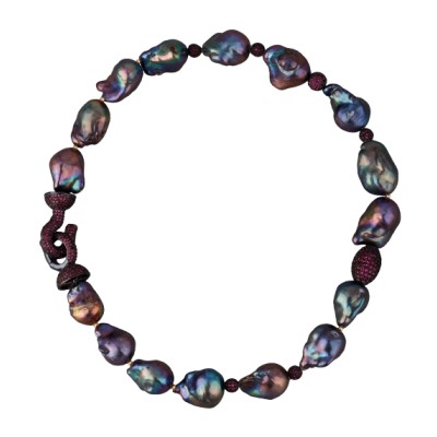 Колье Барокко (жемчуг 15-25мм бензин, фианит фуксия; черный родий) 42см, Есть комплект