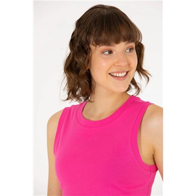 Kadın Fuşya Bisiklet Yaka Crop Basic Tişört