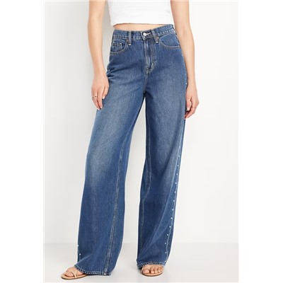 High-Waisted Baggy Wide-Leg Studded Jeans