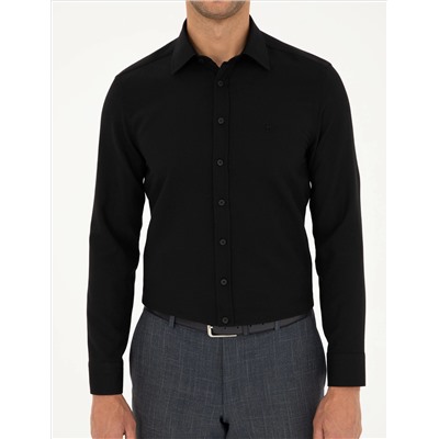 Siyah Slim Fit Armürlü Uzun Kollu Gömlek