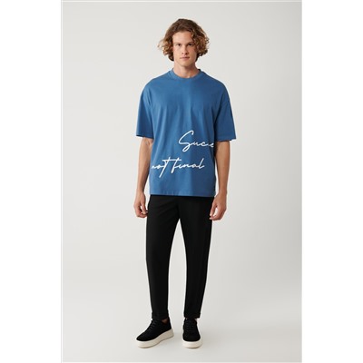 İndigo %100 Pamuk Bisiklet Yaka Baskılı T-Shirt