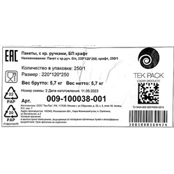 Пакет бумажный крафт с крученой ручкой 220х120х250мм Тек-Пак (25шт) (250ту)