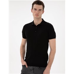 Siyah Slim Fit Düğmeli Polo Yaka Triko Tişört
